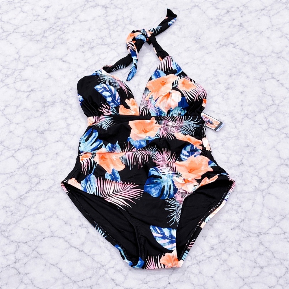 DKNY Tropical Halter One Piece Swimsuit Tummy Control Large NWT